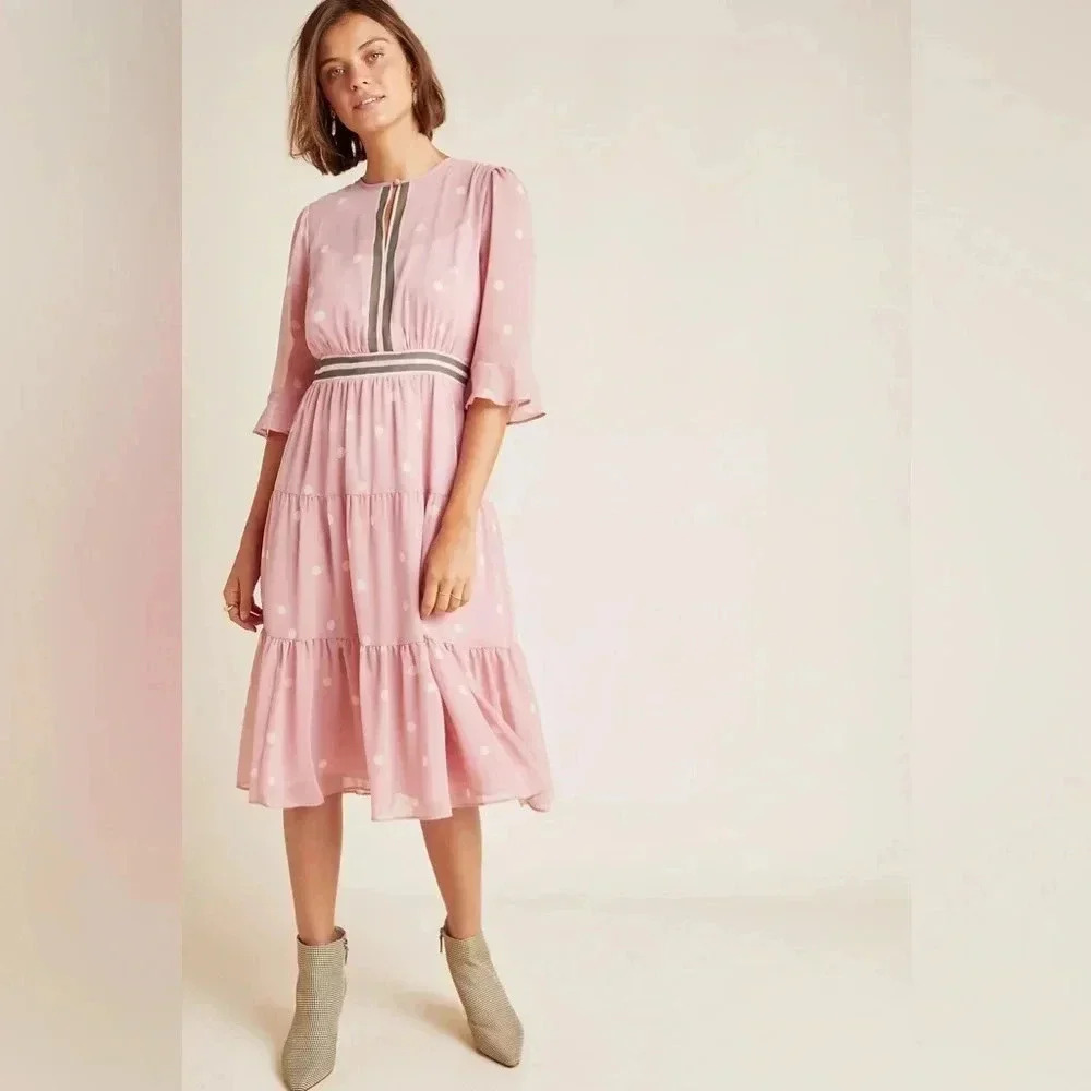 Gal Meets Glam Pink Polka Dot Long Sleeve Tiered Midi Dress Anthropologie